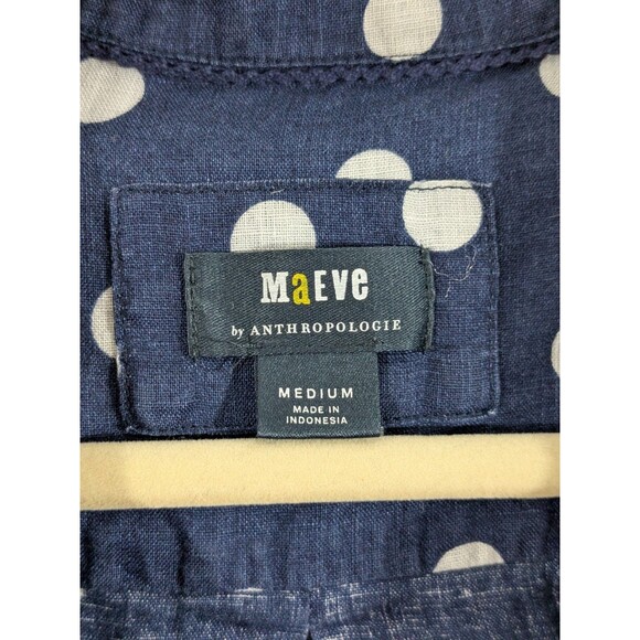 Maeve Navy Polka Dots Button Down 109% Linen Shirt Size Medium Beach Nautical - Picture 4 of 12